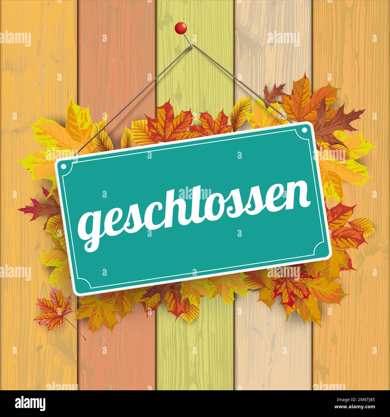 Autumn Sign Wooden Background Cyan geschlossen Stock Photo