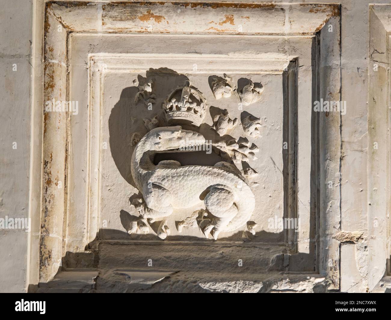 Chambord, France - Dec. 30 2022: The french royal emblem relief in Chambord Castle Stock Photo