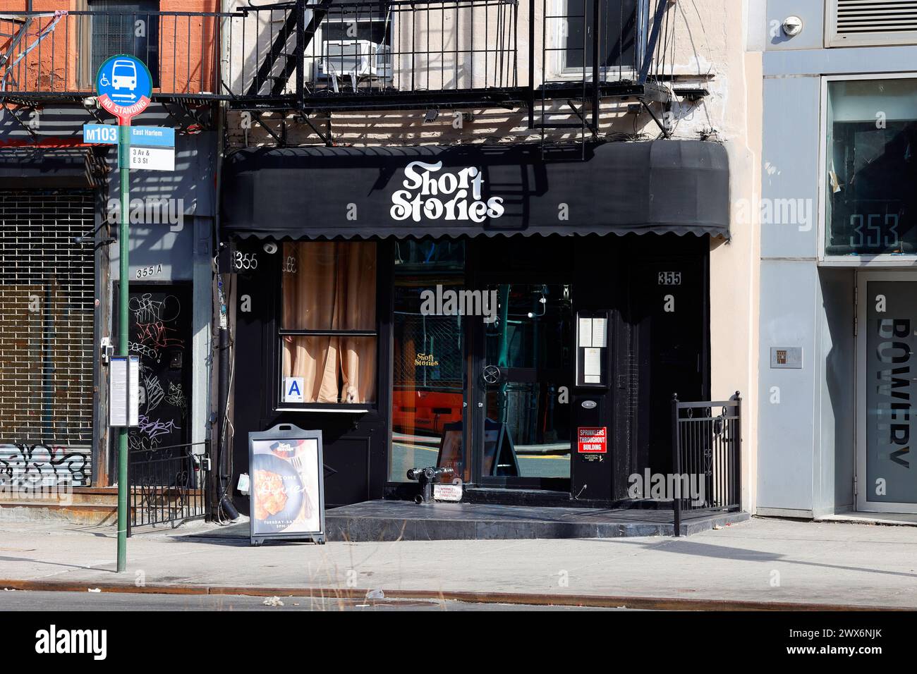 Short Stories, 355 Bowery, New York, NYC storefront of a restaurant in Manhattan's NoHo neighborhood. Stock Photo