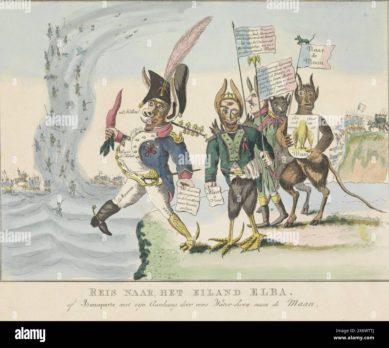 Exile of Napoleon to Elba, Journey to the Island of Elba. or Bonaparte with his Followers through a Waterspout to the Moon (title on object), Cartoon on Napoleon's exile to Elba and arrival there on May 4, 1814. Napoleon as a caricatured deformed creature who steps from the land into the water. Behind him two French generals with dog ears, the front one with bird feet. At the back the devil with a French flag with the inscription 'To the Moon'. In the background on the right, Cossacks driving French soldiers into the water, on the left French soldiers being sucked into the air - to the moon Stock Photo