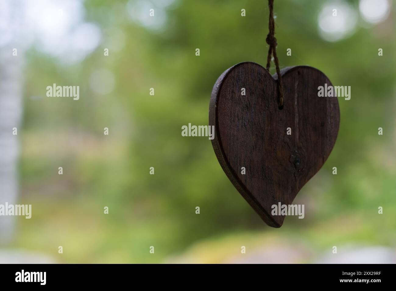 Wooden Heart Hanging in Nature with Blurred Forest Background Rustic Love Symbol with Copyspace Concept Stock Photo