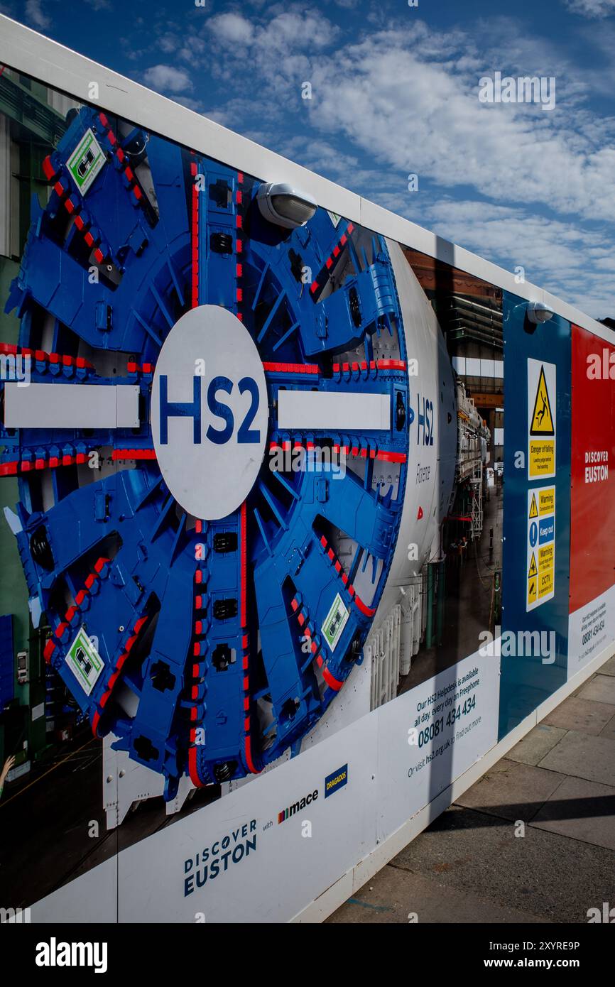 HS2 Construction Site Signs & hoardings at London's Euston Station. HS2 Sign. HS2 Signage. HS2 Euston Station. Stock Photo