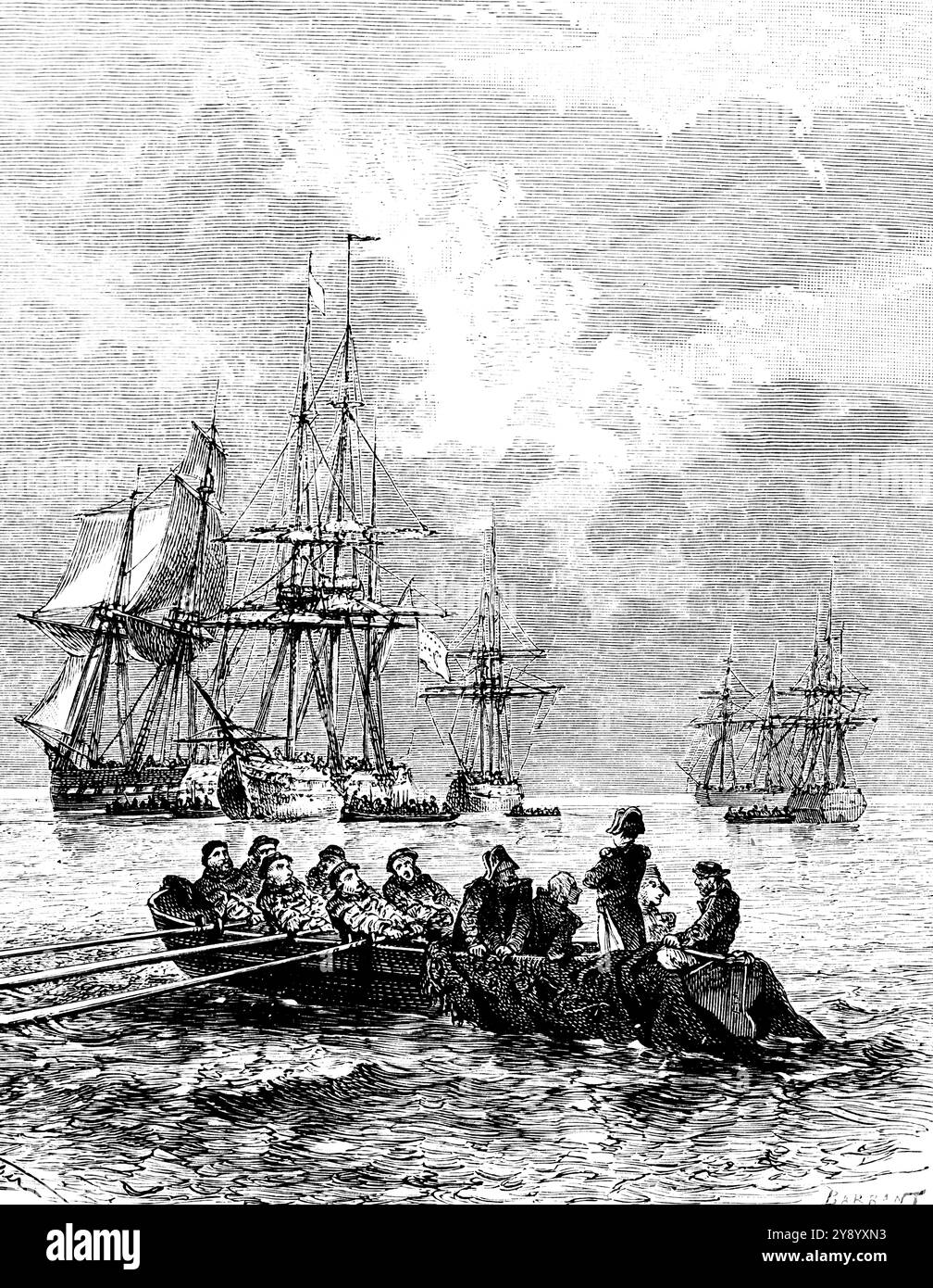 Napoleon arriving in the Gulf of Juan by boat  in 1815, Vallauris, France, historic illustration 1882 Stock Photo