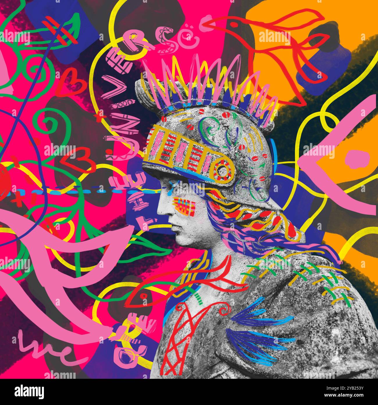 Colorful abstract painting with graffiti-style scribbles in the background. In the middle is a Roman or possibly Greek soldier from antiquity Stock Photo