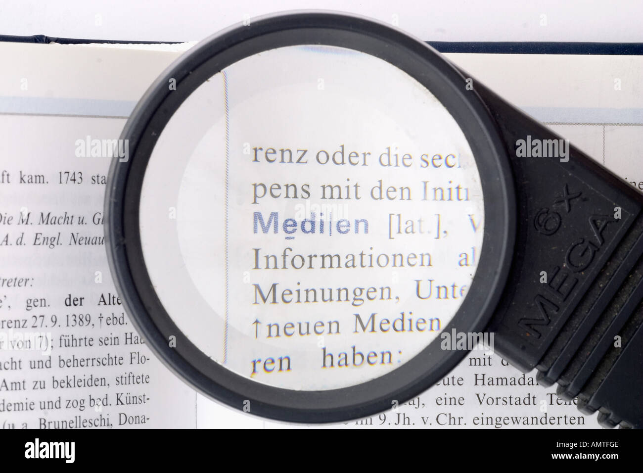 Media, german word, magnifying glass Stock Photo