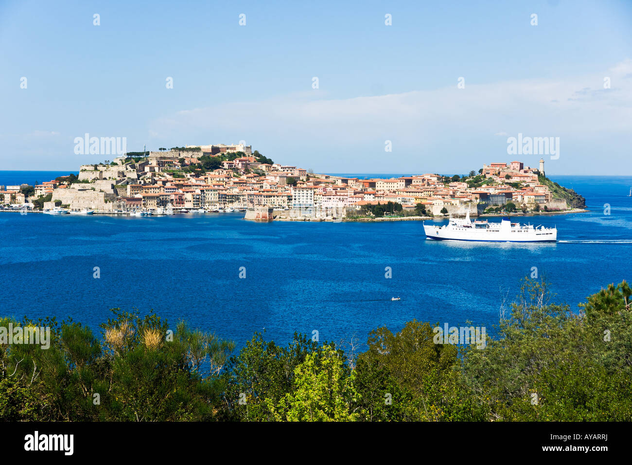 View of Portoferraio old city, with the Forte Stella and the Napoleon Villa, Isle of Elba, Livorno, Italy. Stock Photo