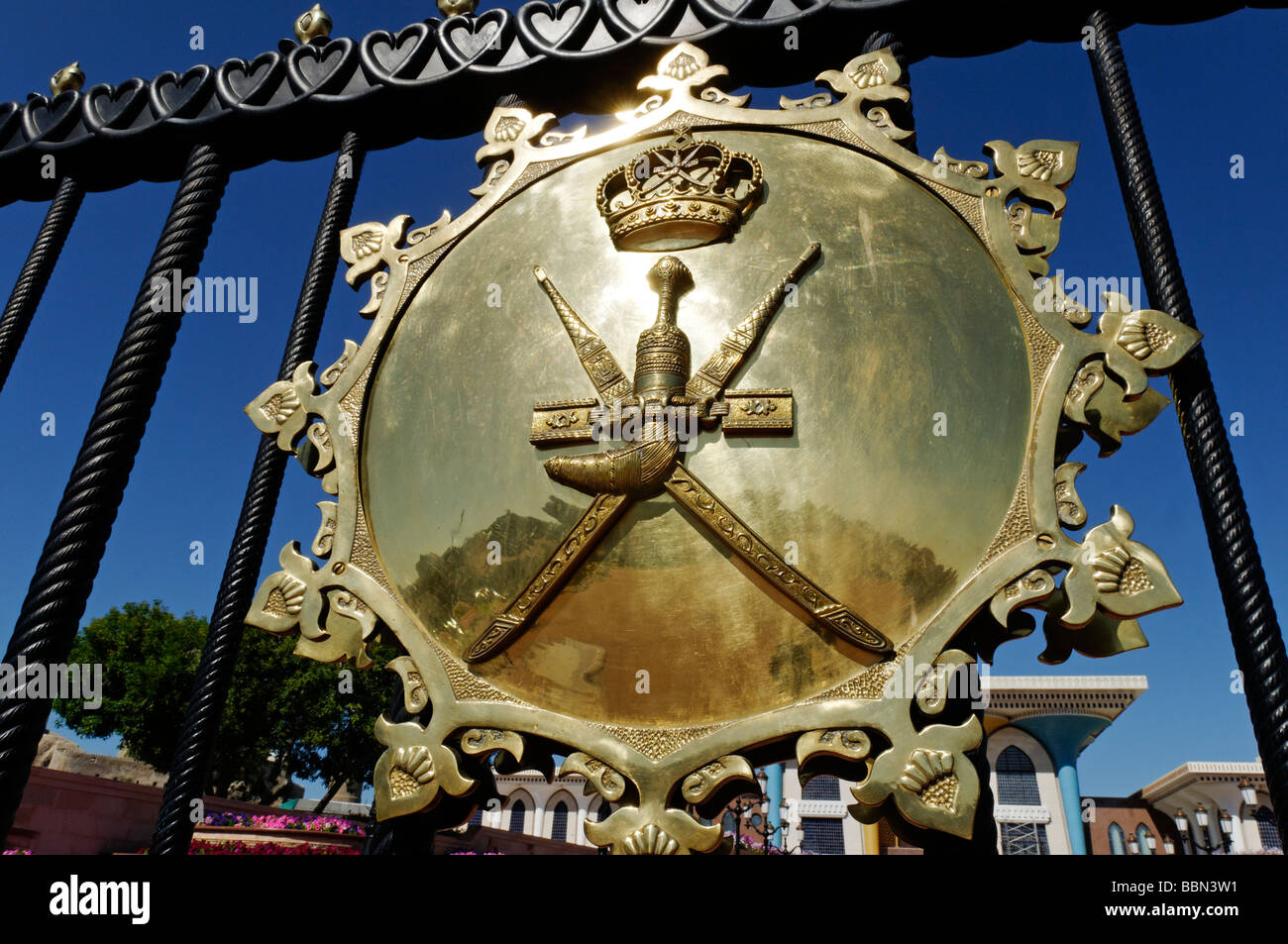 Royal emblem of Oman, Al Alam Palace of Sultan Qaboos, Muscat, Sultanate of Oman, Arabia, Middle East Stock Photo