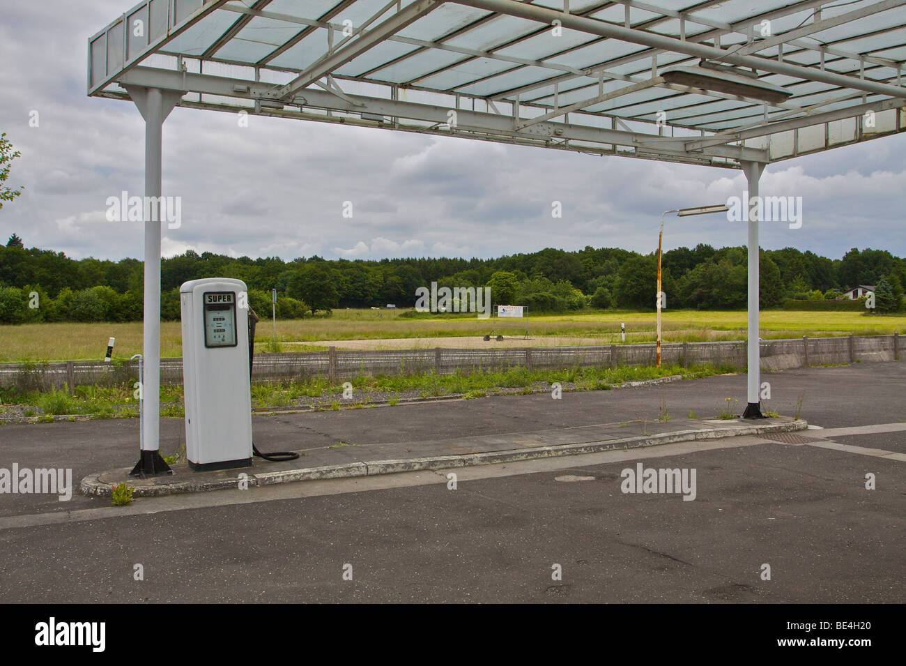 Pump for super gasoline, abandoned gas station in rural area near highway 56 in Buschhoven, Swisttal, North Rhine-Westphalia, G Stock Photo