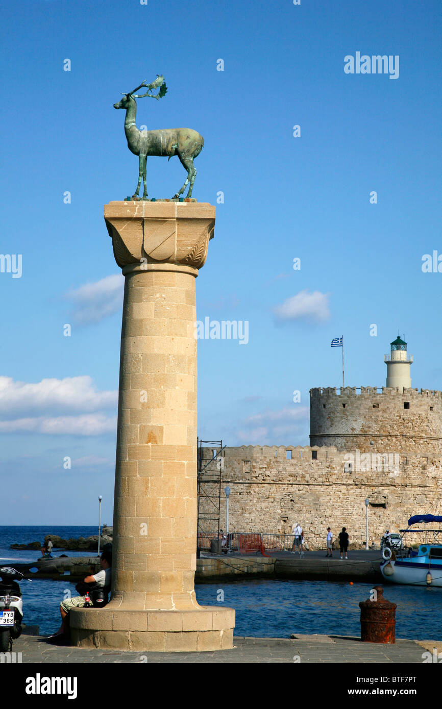 The deers, symbol of the city, at the entrance to Mandraki harbour, Rhodes, Greece. Stock Photo