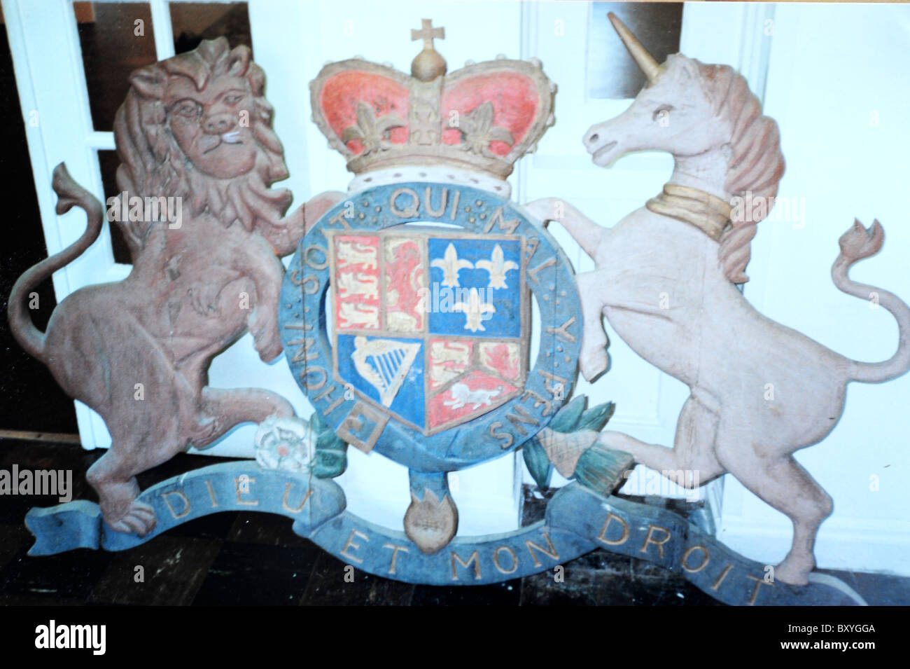 English royal emblem displayed atop curtain at Dock Street theater, Charleston, SC Stock Photo