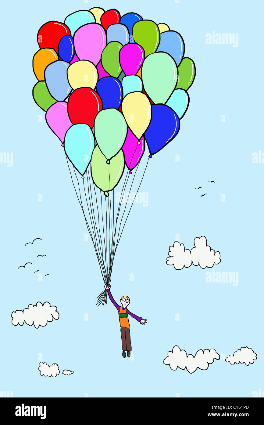 Boy floating with balloons, illustration Stock Photo