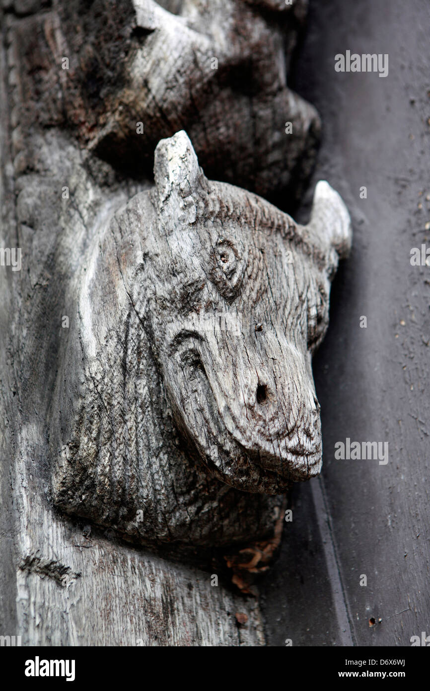 Carved wood animals on oak beamed building Stratford upon Avon Stock Photo