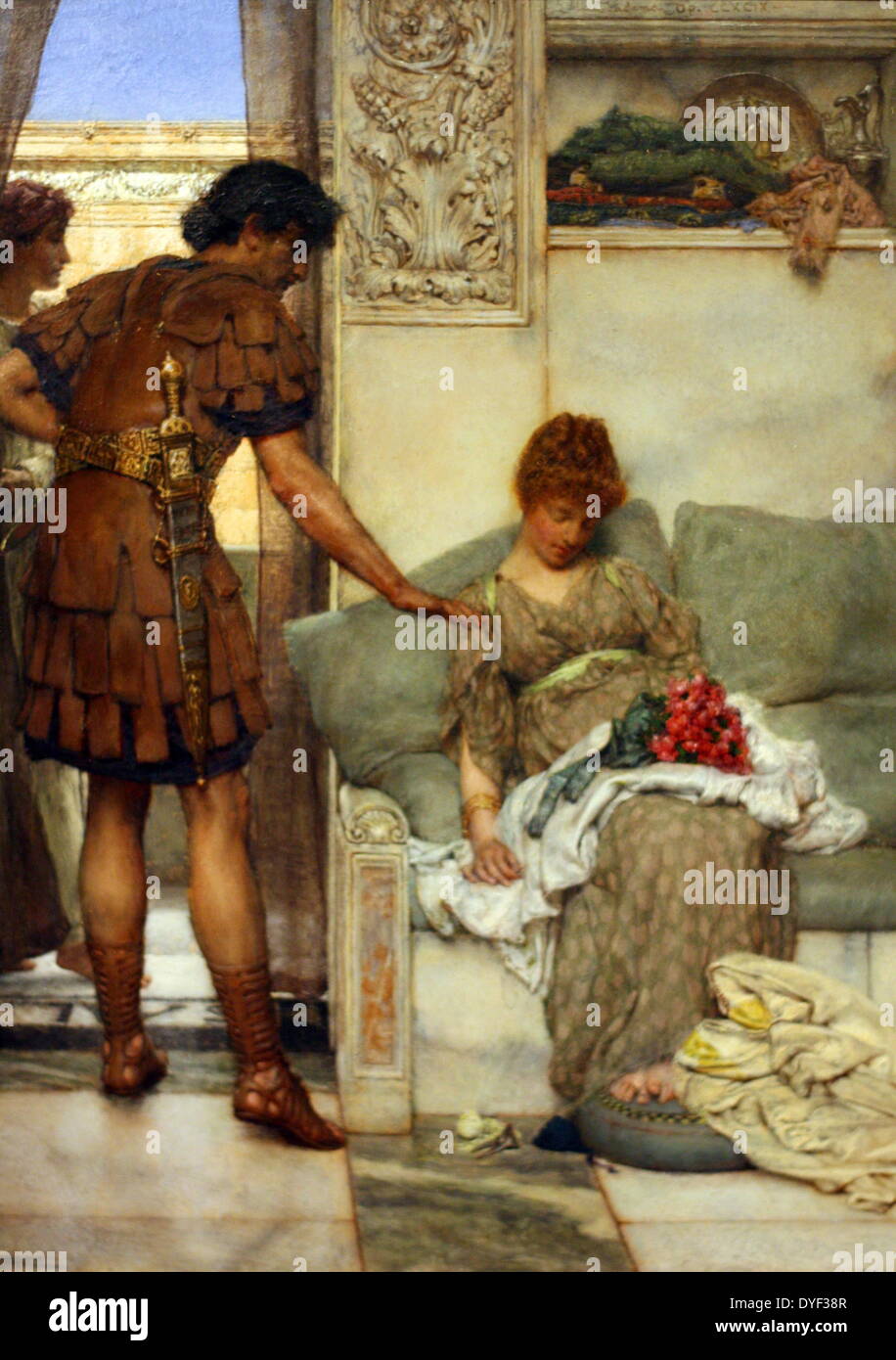 A Silent Greeting by Lawrence Alma-Tadema. Oil on Wood, circa 1889. The image shows a Roman Soldier leaving flowers in the lap of his lover to surprise her when she wakes. Alma-Tadema was famous for painting the everyday lives of people from bygone eras, So as to circumvent the cliche of painting Ancient Rome as a land of Gods and Heroics. His visual style is stunningly realistic, verging on the photographic. Stock Photo