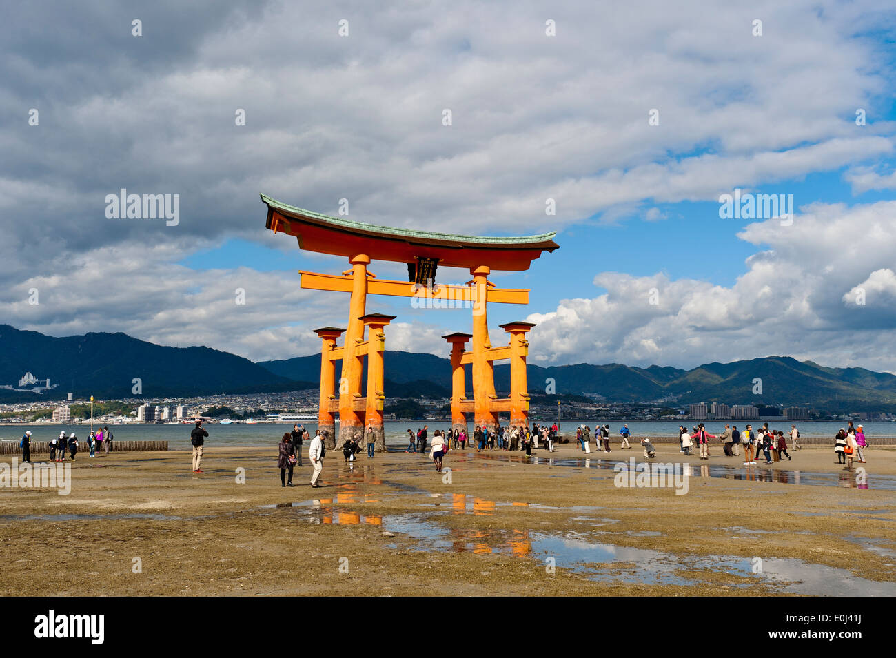 Japan Torii Gate Miyajima Island Itsukushima Shrine Tourists at UNESCO World Heritage Site Stock Photo