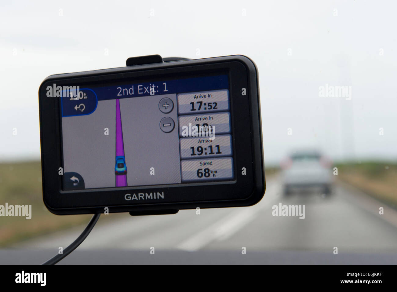 A Garmin sat nav in use on a motorway. Stock Photo