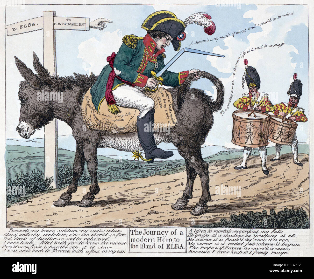 NAPOLEON 'The journey of a modern hero, to the island of Elba'  hand coloured print published in May 1814 by J.Phillips, London. Stock Photo