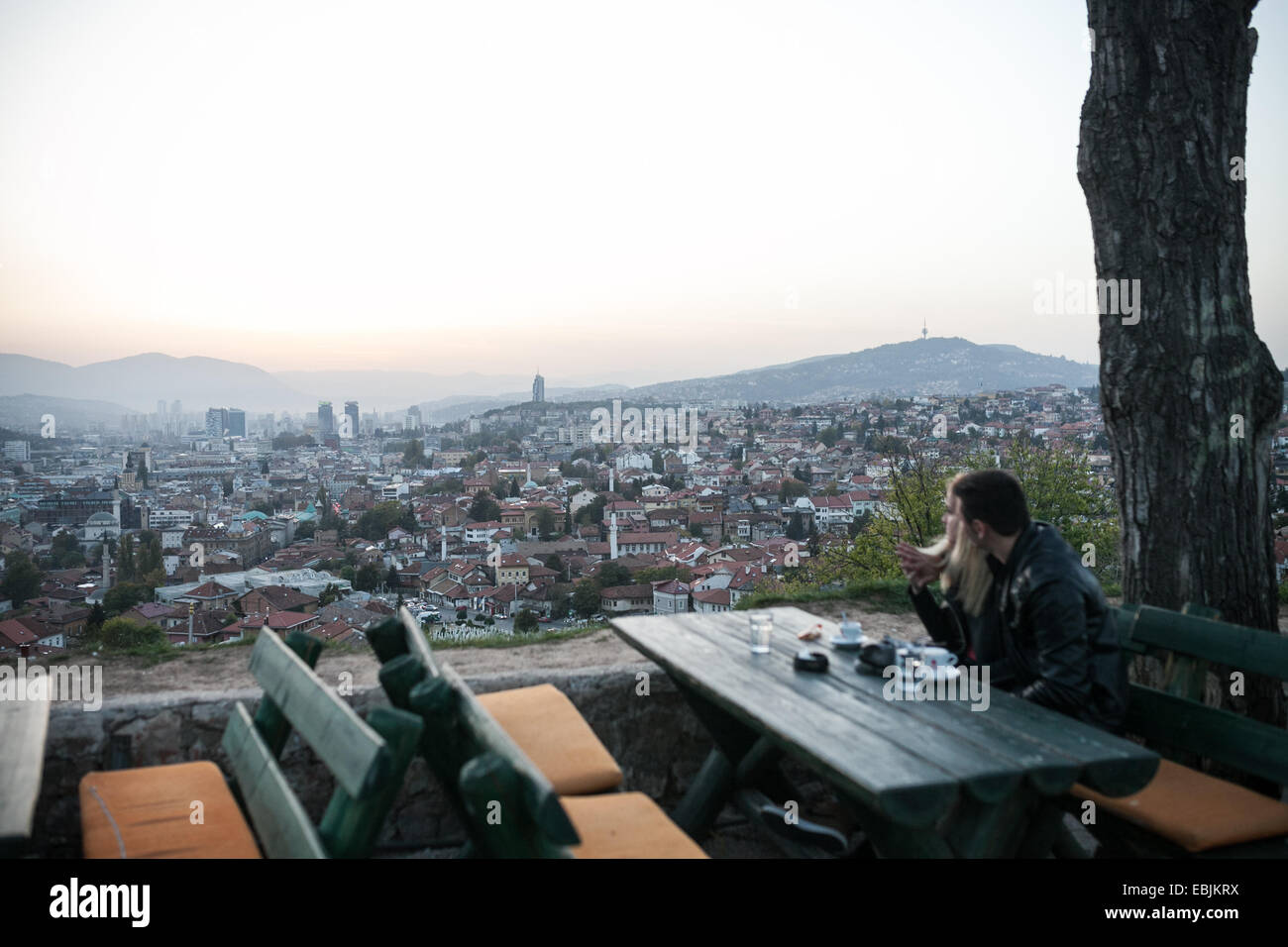 Couple on atop of the Zuta Tabija, the Yellow Bastion in Sarajevo. Stock Photo