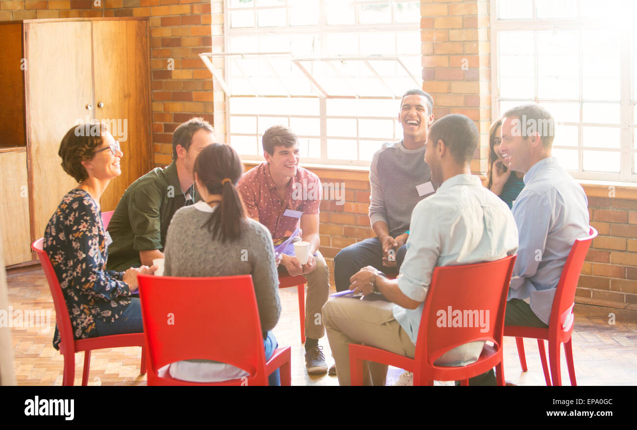 people circle enjoying group therapy session Stock Photo