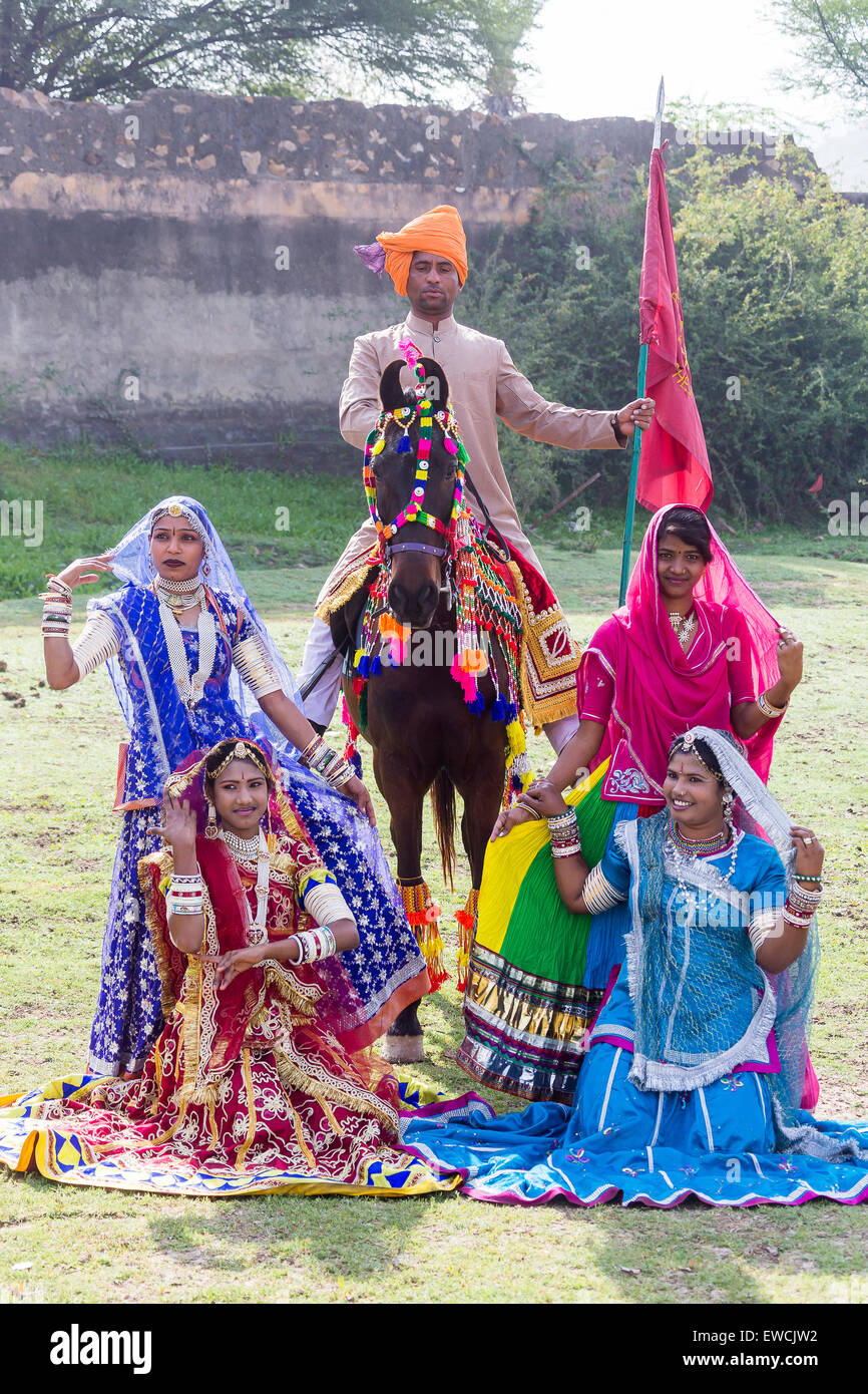 Folk group with Marwari Horse, Rajasthan, India Stock Photo