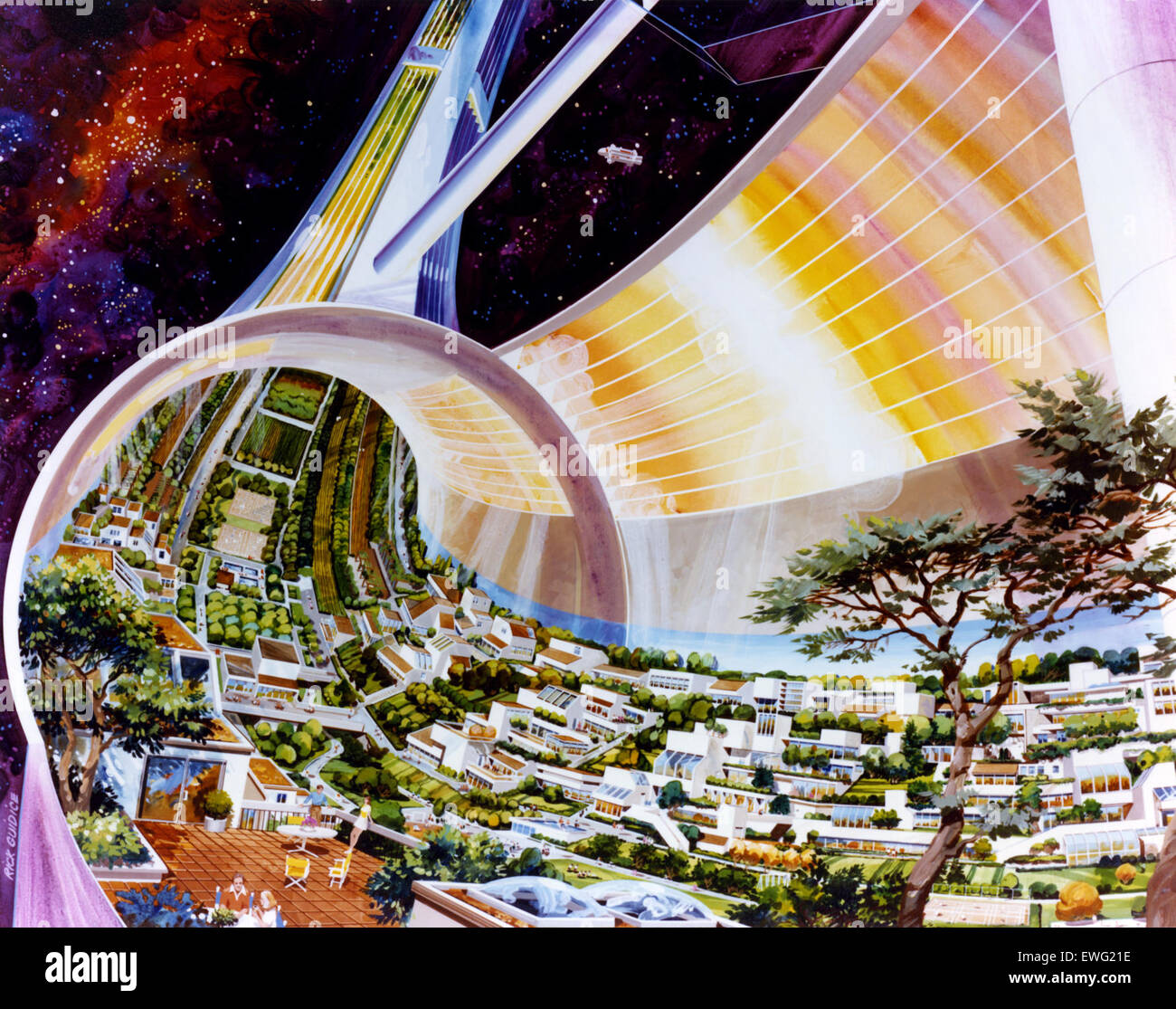 NASA Space Art Space Colonization Space Colony Space Colony Illustration illustration Space Colony Art from the 1970s Stock Photo