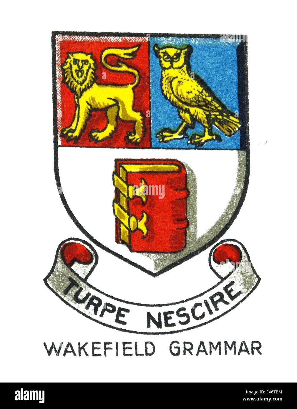 Emblem of Queen Elizabeth Grammar School (QEGS) is an independent, public school for boys in Wakefield, West Yorkshire, England. QEGS is distinct from most other schools in that it was founded by Royal Charter of Queen Elizabeth I in 1591 Stock Photo