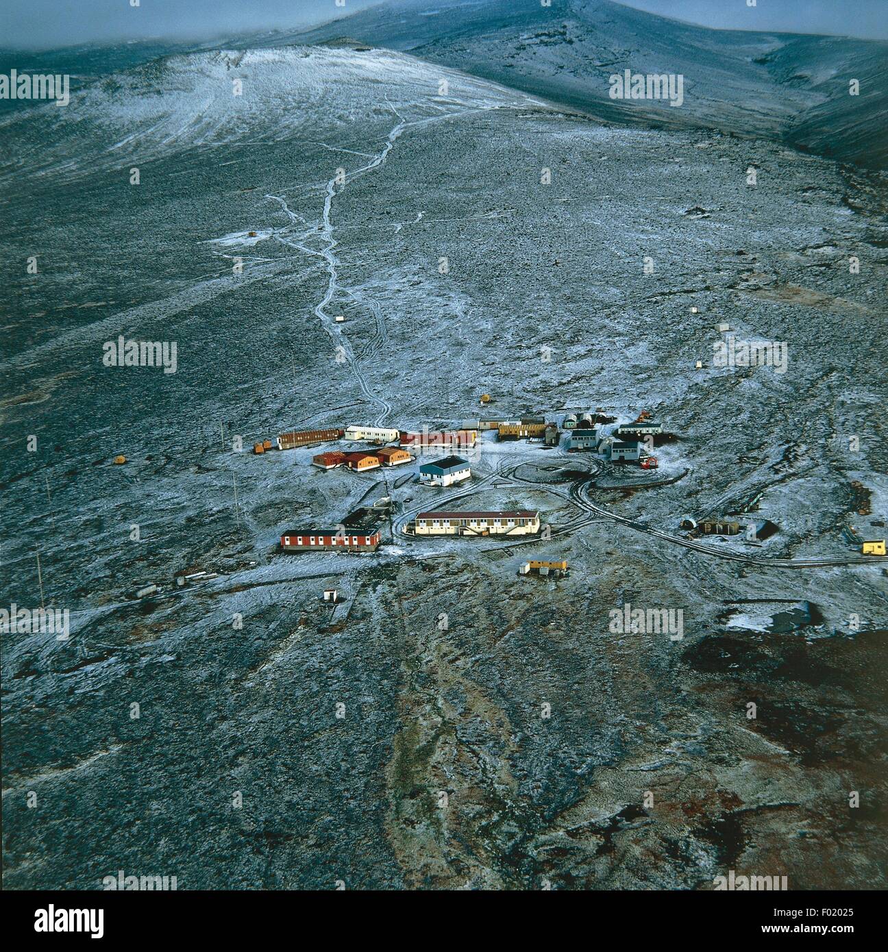 Aerial view of scientific research base Alfred-Faure, Ile de la Possession - French Southern and Antarctic Lands (overseas territory of France) Stock Photo