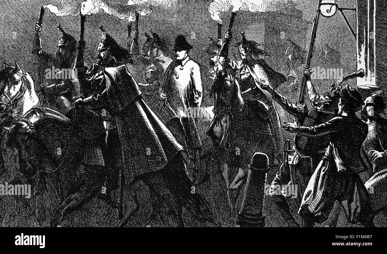 The return to France of Napoleon Bonaparte from exile on  Elba in 1814, where he was given sovereignty over the island and allowed him to retain the title of Emperor.  Aware that his ex-wife Josephine had died in France and rumours of banishment to a remote island in the Atlantic Ocean,Napoleon escaped from Elba in 1815 with 700 men landed on the French mainland at Golfe-Juan and  headed north. Stock Photo