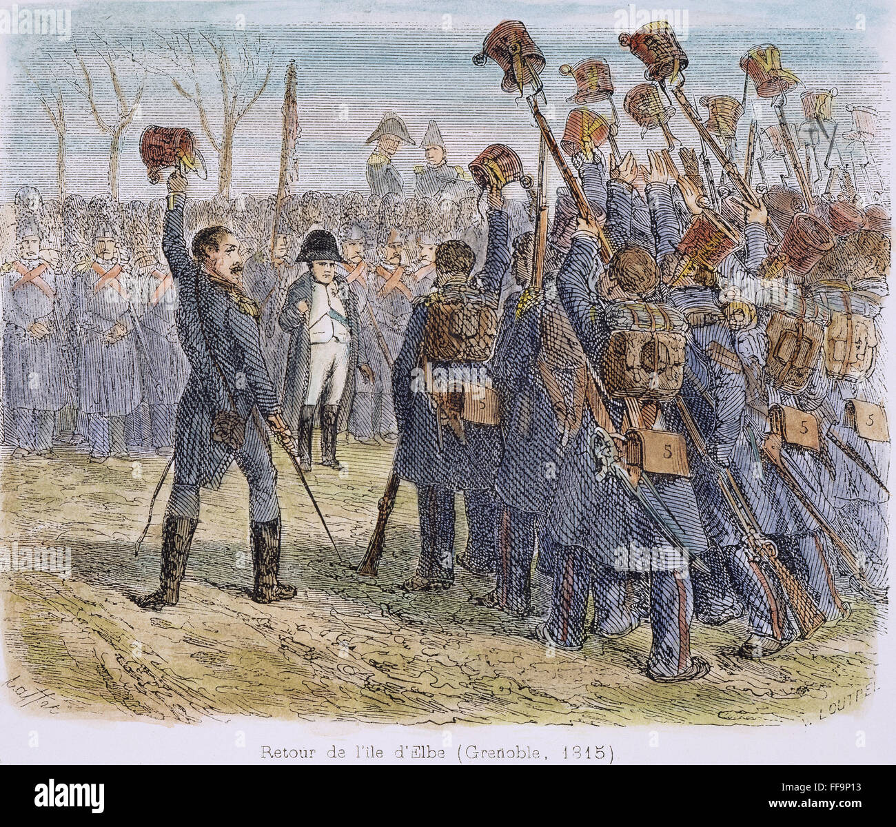 NAPOLEON I BEING SALUTED. /nNapoleon I, escaped from Elba, saluted by soldiers sent to arrest him at Grenoble, France, March 1815. Wood engraving, French, 1839. Stock Photo