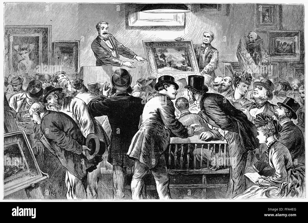 AUCTION, 1875. /nA picture auction in New York. Line engraving, 1875. Stock Photo