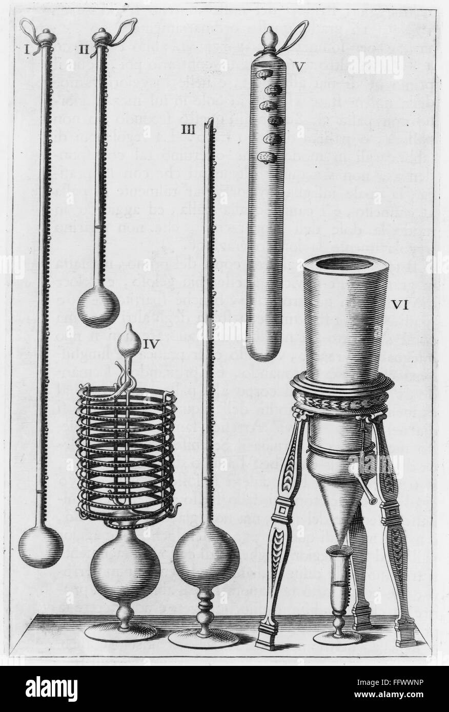 SCIENTIFIC INSTRUMENTS. /nExamples of Florentine thermometers and a hygrometer. Illustration from the 'Saggi di naturali Esperienze' (Essays on Natural Experiments) by Lorenzo Magalotti, 1660. Stock Photo