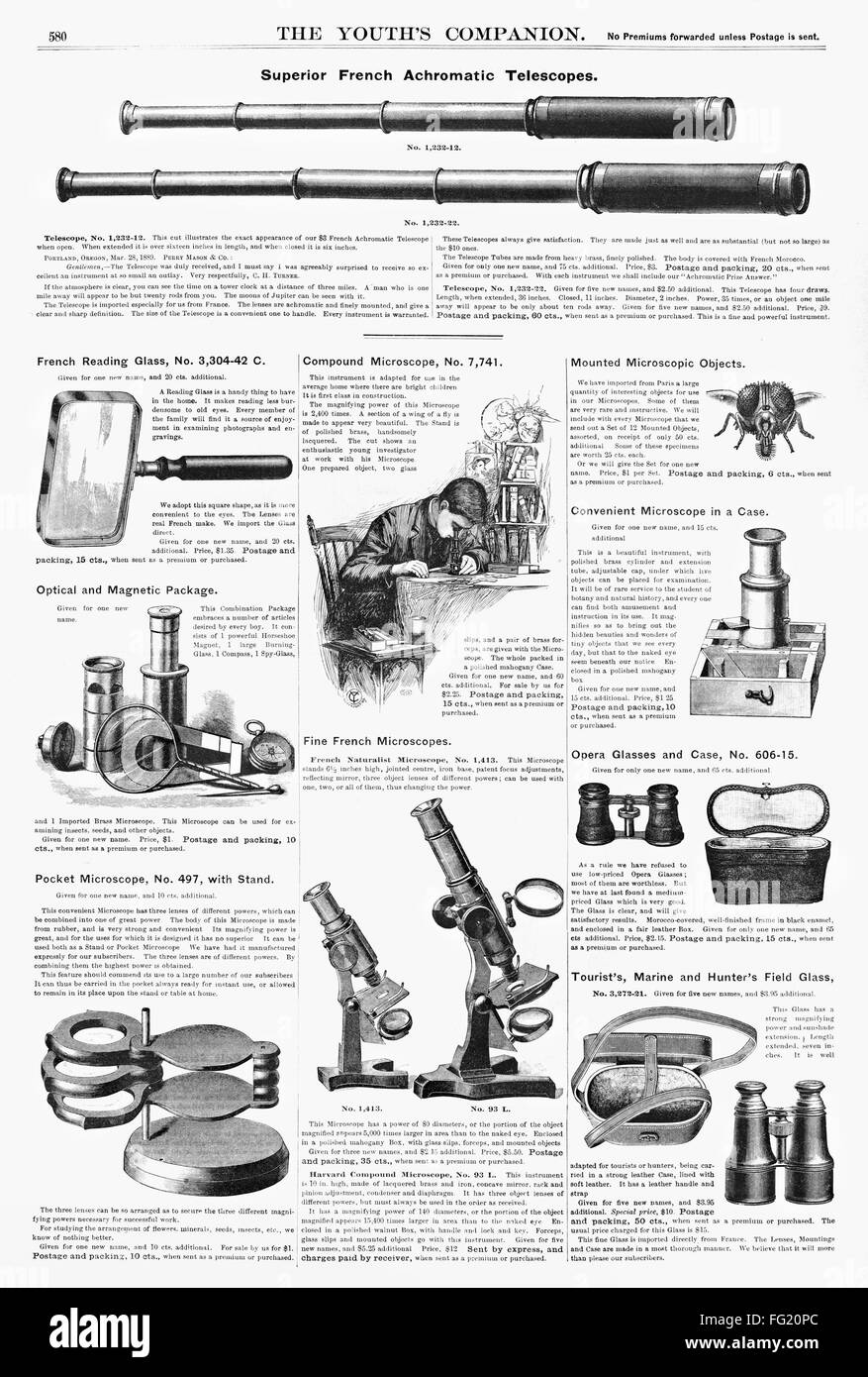 SCIENTIFIC INSTRUMENTS, 1890. /nAmerican magazine advertisements for various scientific instruments, 1890. Stock Photo