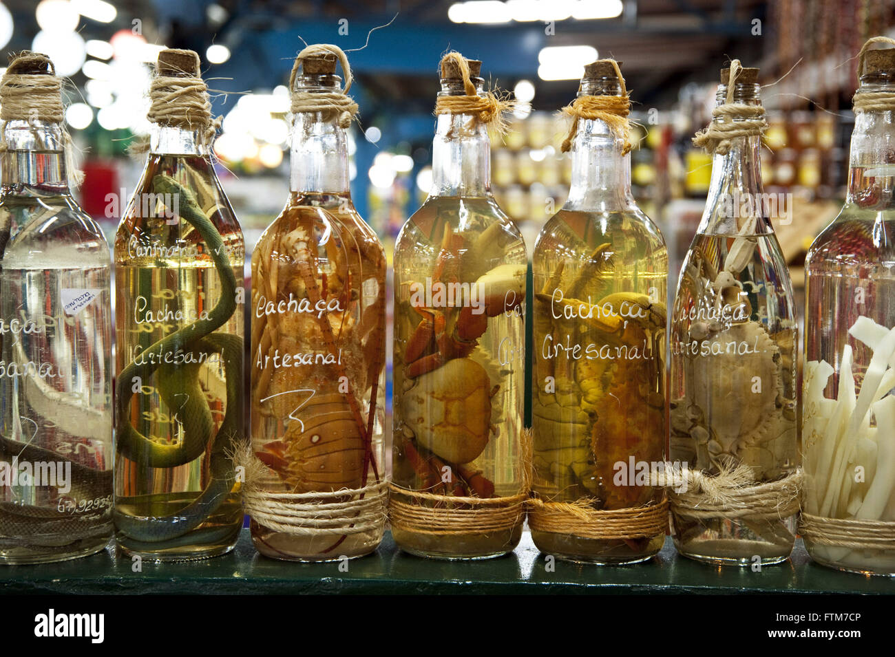 Bottles of artisanal cachaca with animals in the sale of the City Market town of Campo Gra Stock Photo