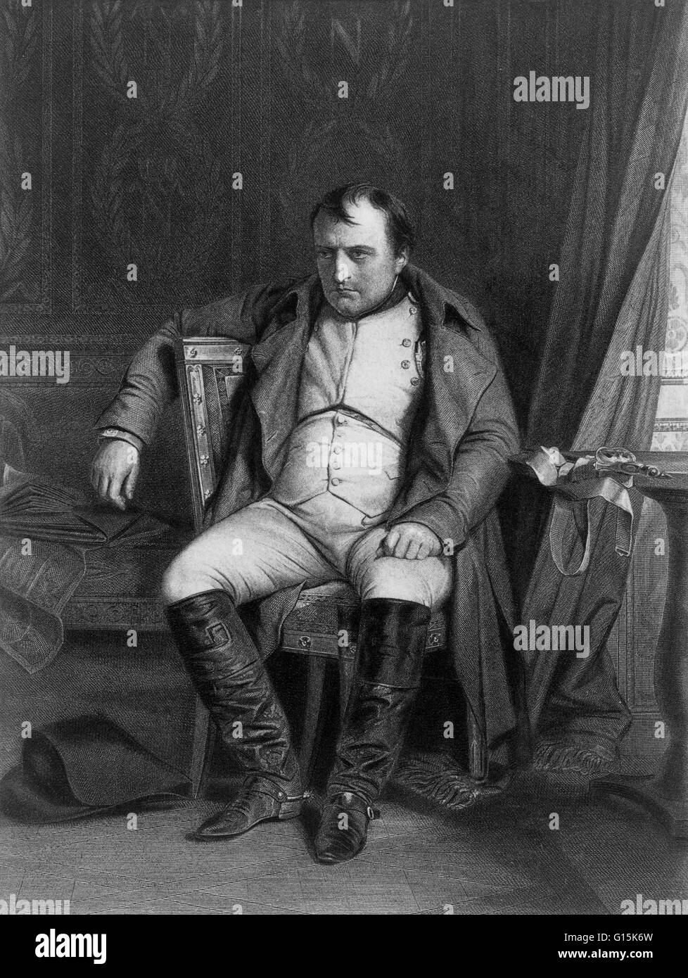 Engraving depicting Napoleon after his defeat at Fontainebleau, just prior to his exile to Elba. Napoleon Bonaparte (1769-1821) was a French military and political leader during the latter stages of the French Revolution. As Napoleon I, he was Emperor of Stock Photo