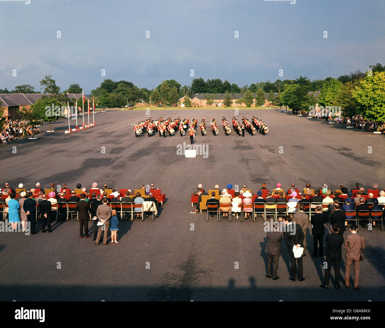 200 bandsmen make history as they Beat Retreat to mark the entry of the Yorkshire Brigade regiments into newly-formed King's Division at Strensall, HQ of the Yorkshire Brigade. It was the first and the last time the bands of all the regiments had played together. Stock Photo