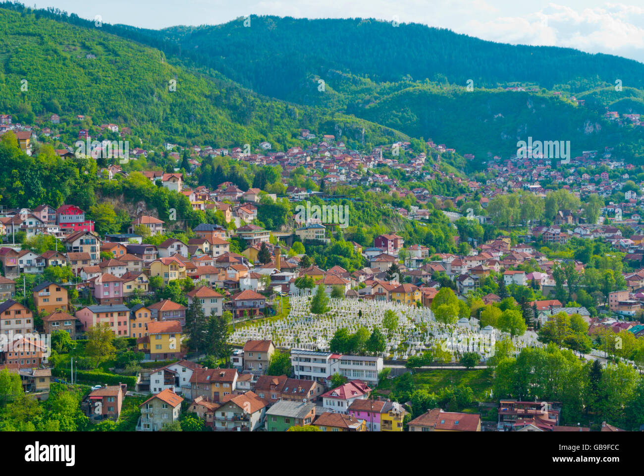 View towards Bistrik and Hrid districts, from Zuta Tabija, Yellow Fortress, Sarajevo, Bosnia and Herzegovina Stock Photo