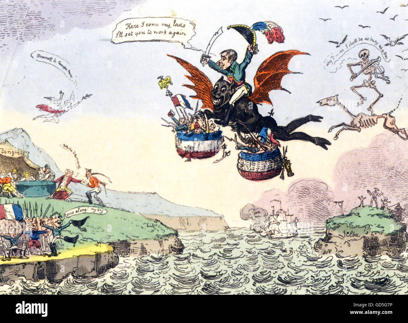 NAPOLEON'S ESCAPE FROM ELBA in 1815 satirised by George Cruikshank Stock Photo