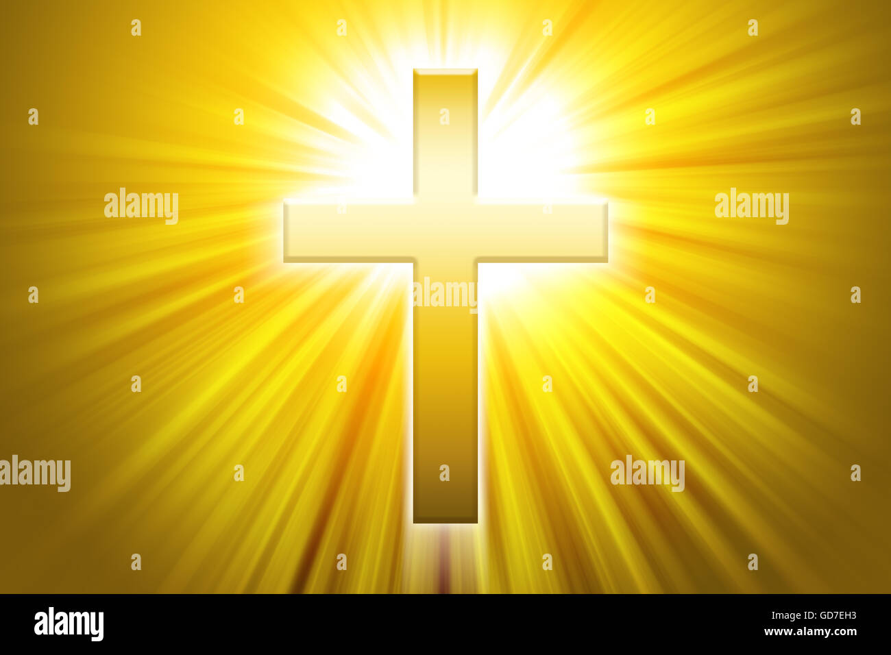 Golden latin cross with sunbeams. Christian cross, the symbol of Christianity, also called  Roman cross. Stock Photo