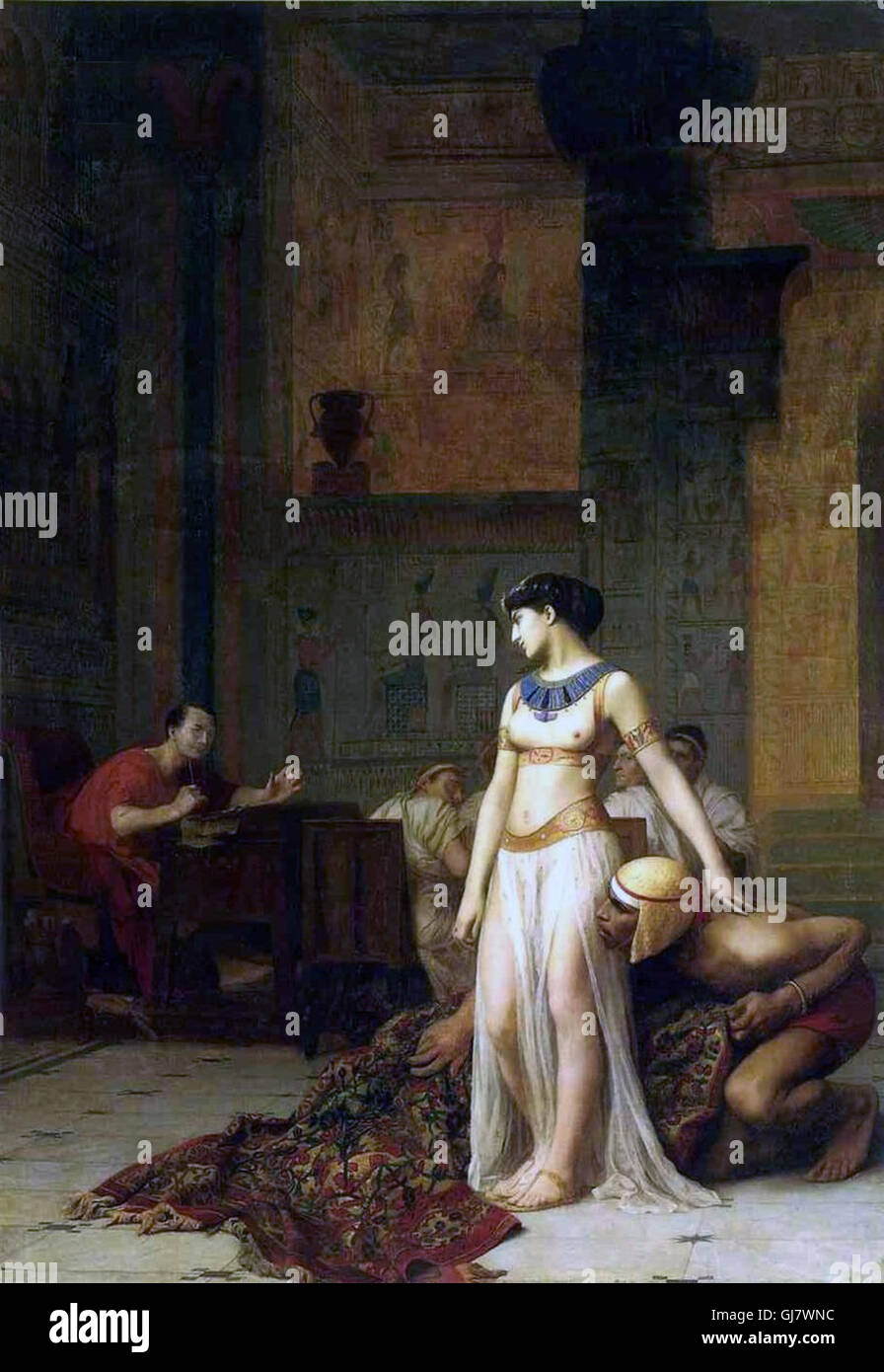 Cleopatra and Caesar, 1866 painting by Jean-Léon Gérôme. Julius Caesar, was a Roman politician, general, and notable author of Latin prose. He played a critical role in the events that led to the demise of the Roman Republic and the rise of the Roman Empire. Stock Photo