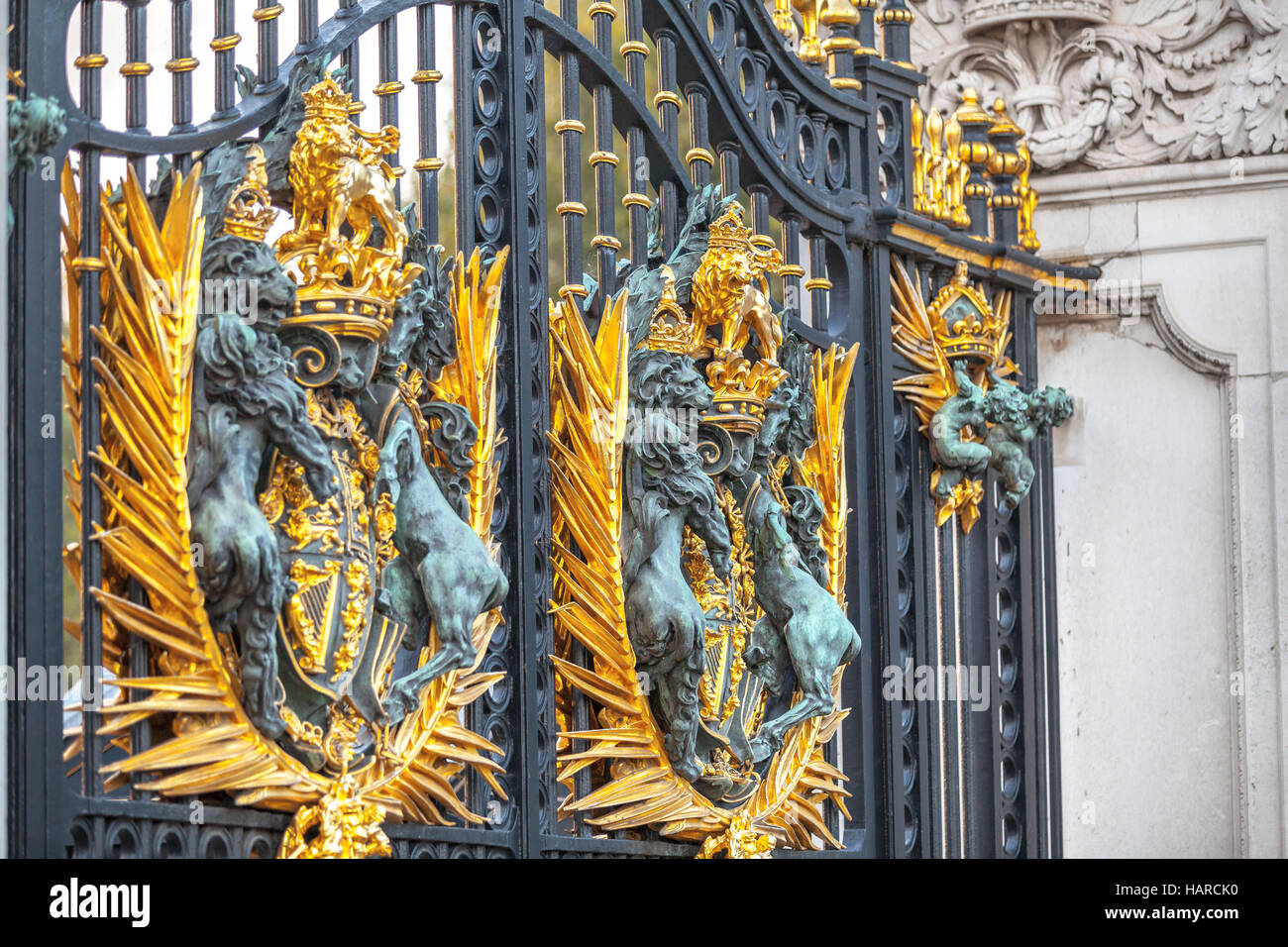 London Buckingham Palace fence royal emblem detail Stock Photo