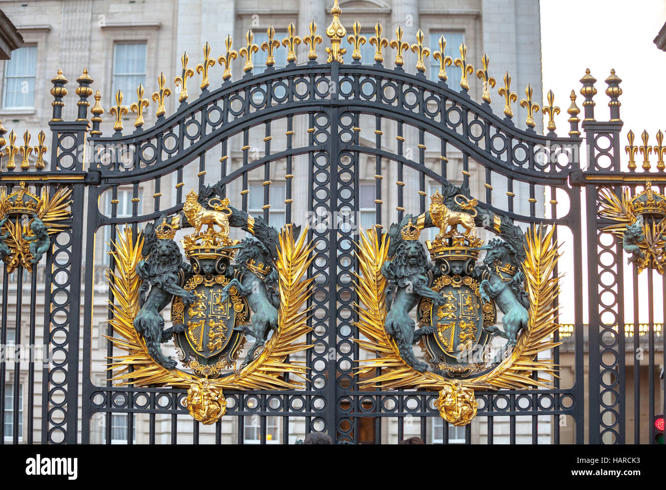 London Buckingham Palace fence royal emblem detail Stock Photo