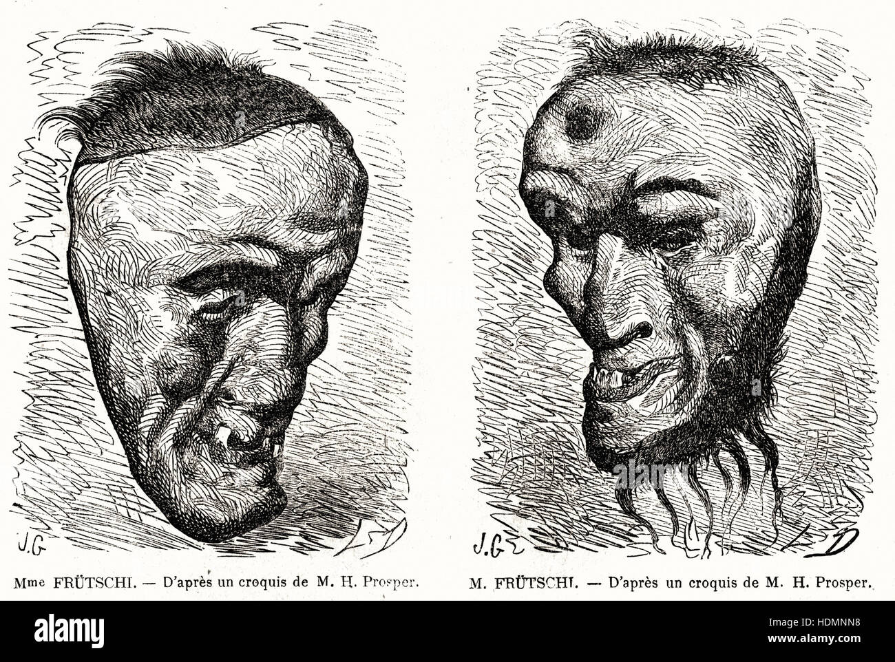 Illustration 1862 engravings Masks of Mrs and Mr Frütschi Stock Photo