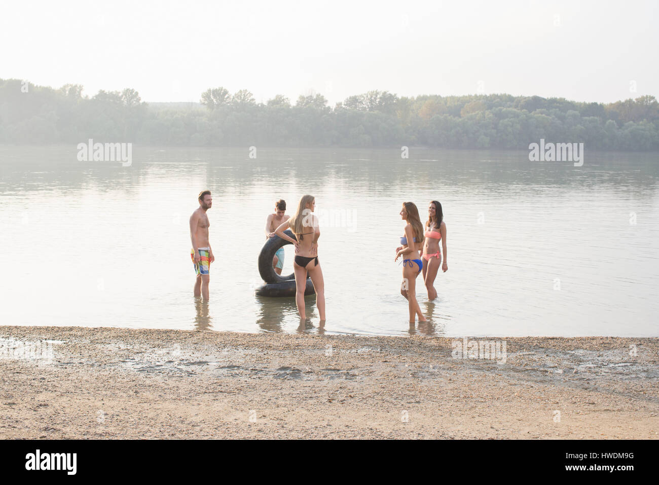 Group of friends enjoying beach party Stock Photo