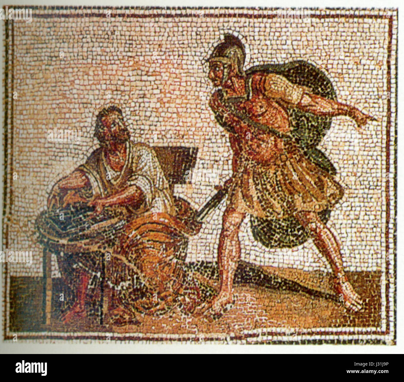 Archimedes before his death with the Roman soldier, Roman mosaic Stock Photo