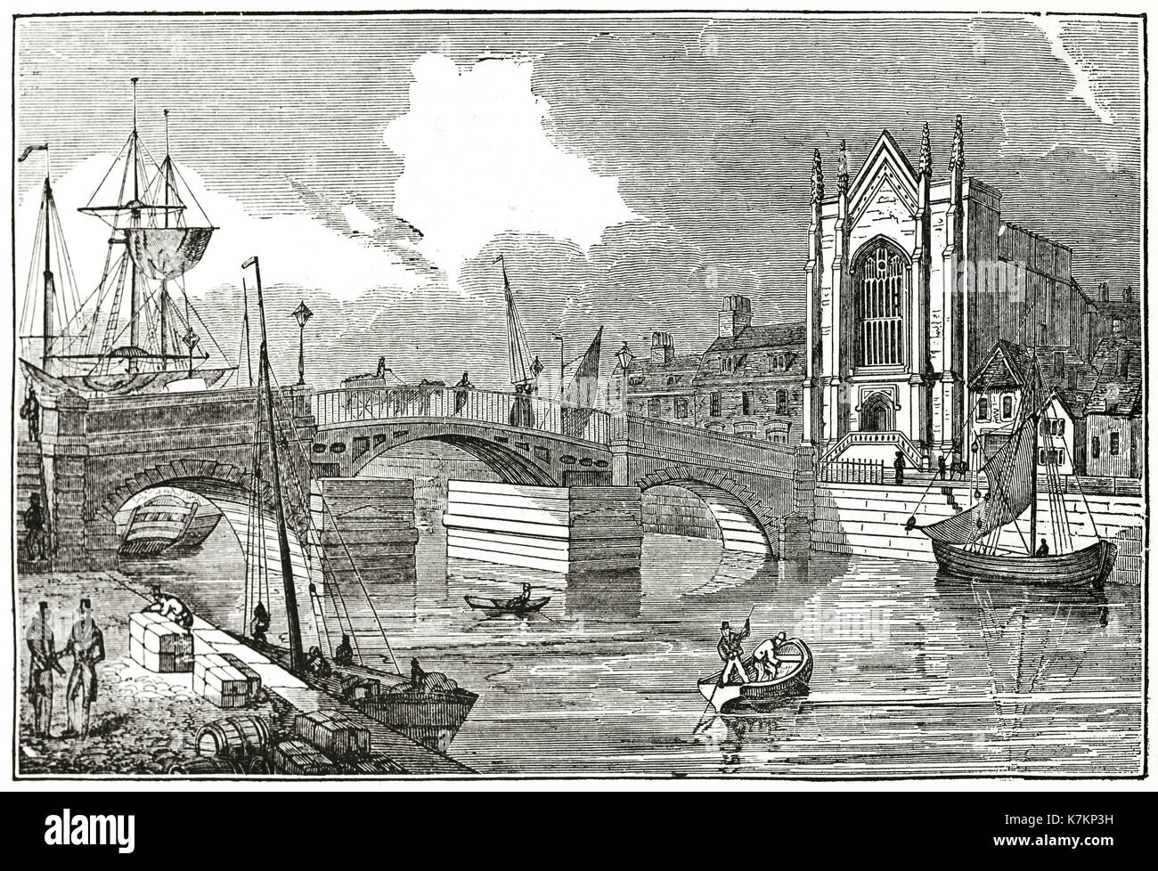 Old view of New Bridge and Holy Trinity church, Weymouth, U.K.. By unidentified author, publ. on The Penny Magazine, London, 1837 Stock Photo