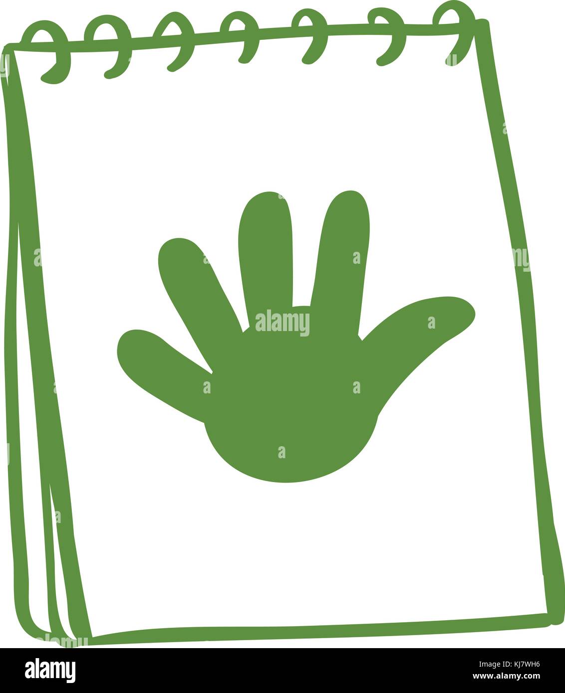 Illustration of a green notebook with a drawing of a hand on a white background Stock Vector