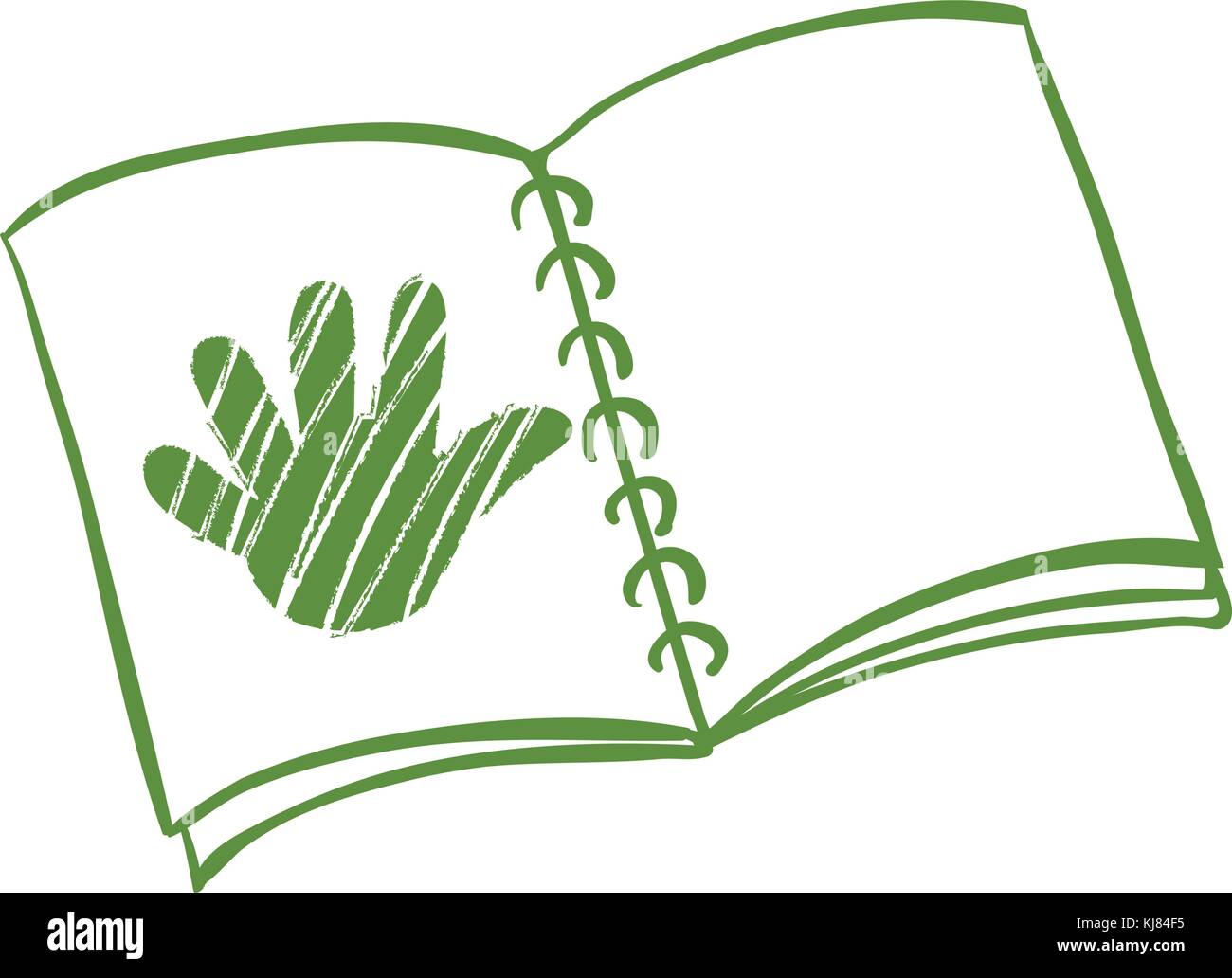 Illustration of a notebook with a sketch of a hand on a white background Stock Vector