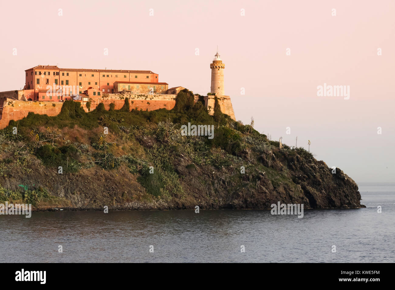 the main port city of Portoferraio on the Mediterranean island of Elba with the house where Napoleon Bonaparte lived in his exile Stock Photo