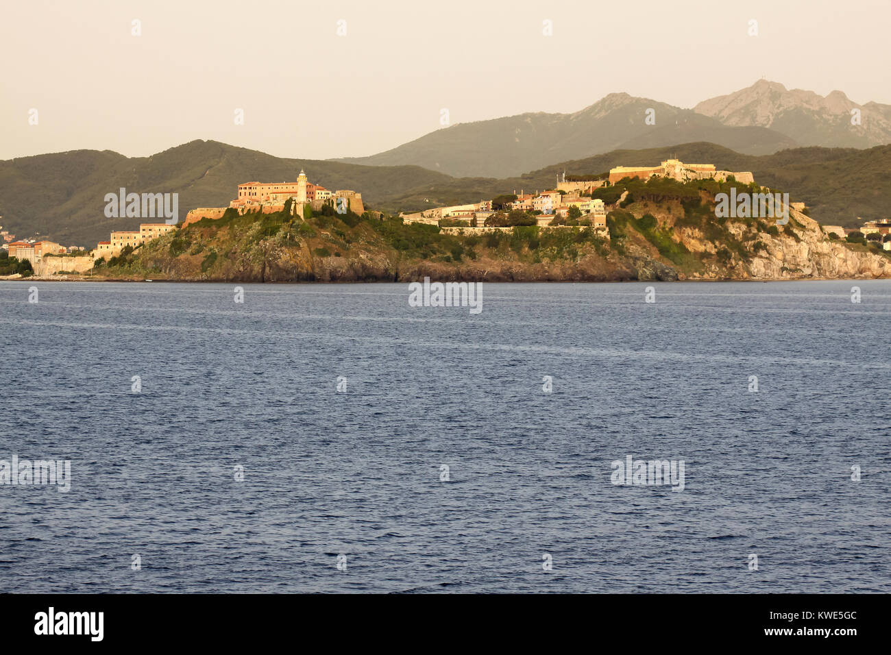 the main port city of Portoferraio on the Mediterranean island of Elba with the house where Napoleon Bonaparte lived in his exile Stock Photo