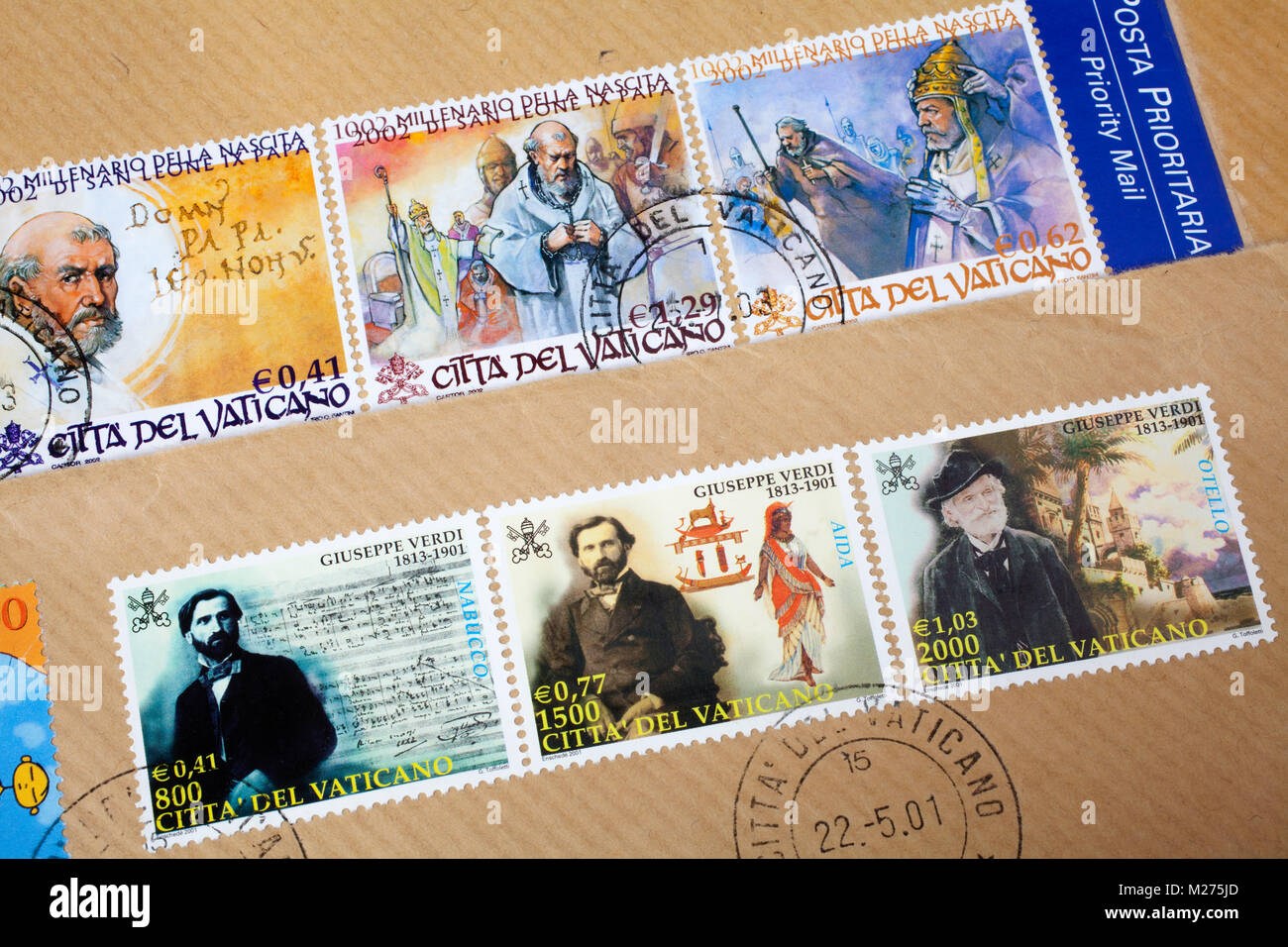 Stamps from the Vatican on a letter, Stamped, Vatican, Italy, Europe, Gestempelte Briefmarken aus dem Vatikan, Giuseppe Verdi und historische Motive m Stock Photo