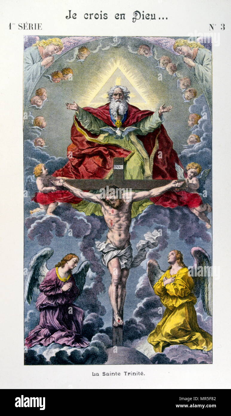 Illustration from the 'Grand Catechism for Families'. 1907. depicting the holy trinity Stock Photo